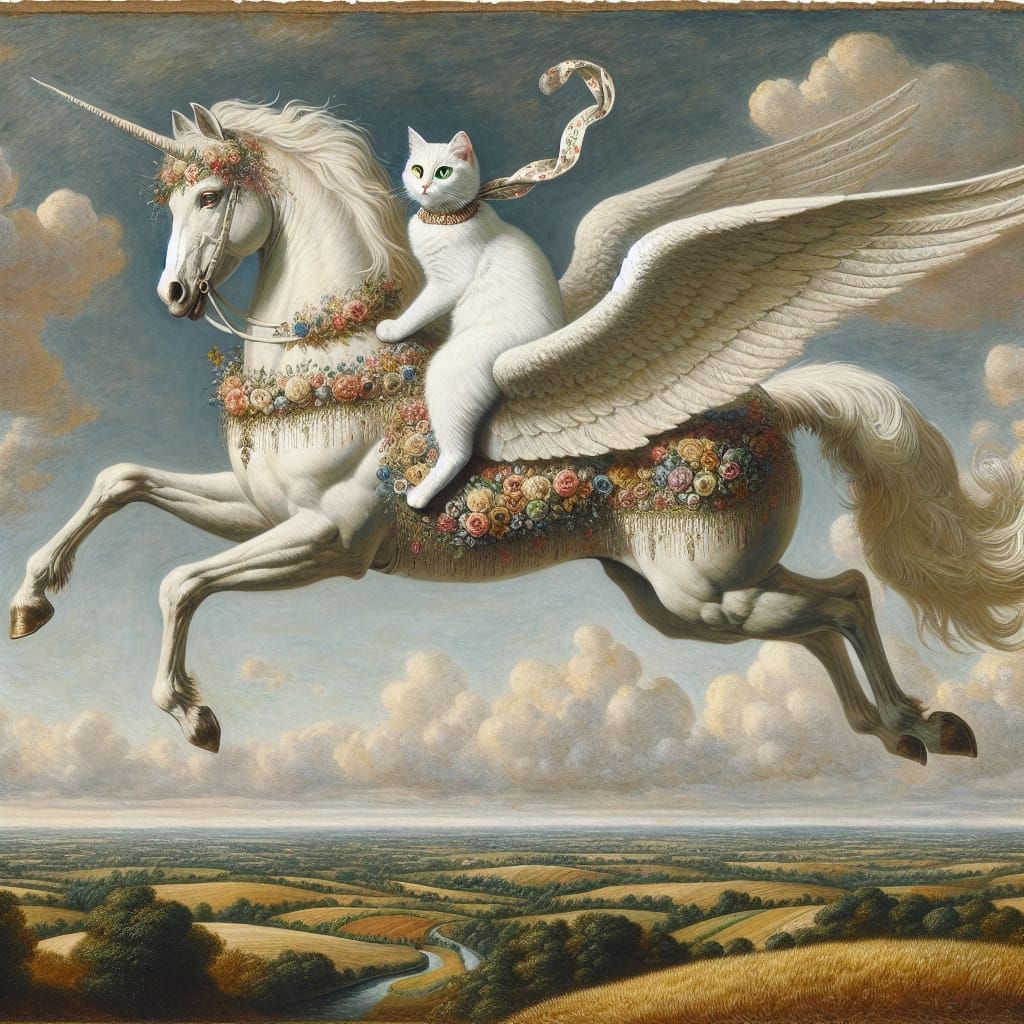 Cat Riding Pegasus in Impressionist Style