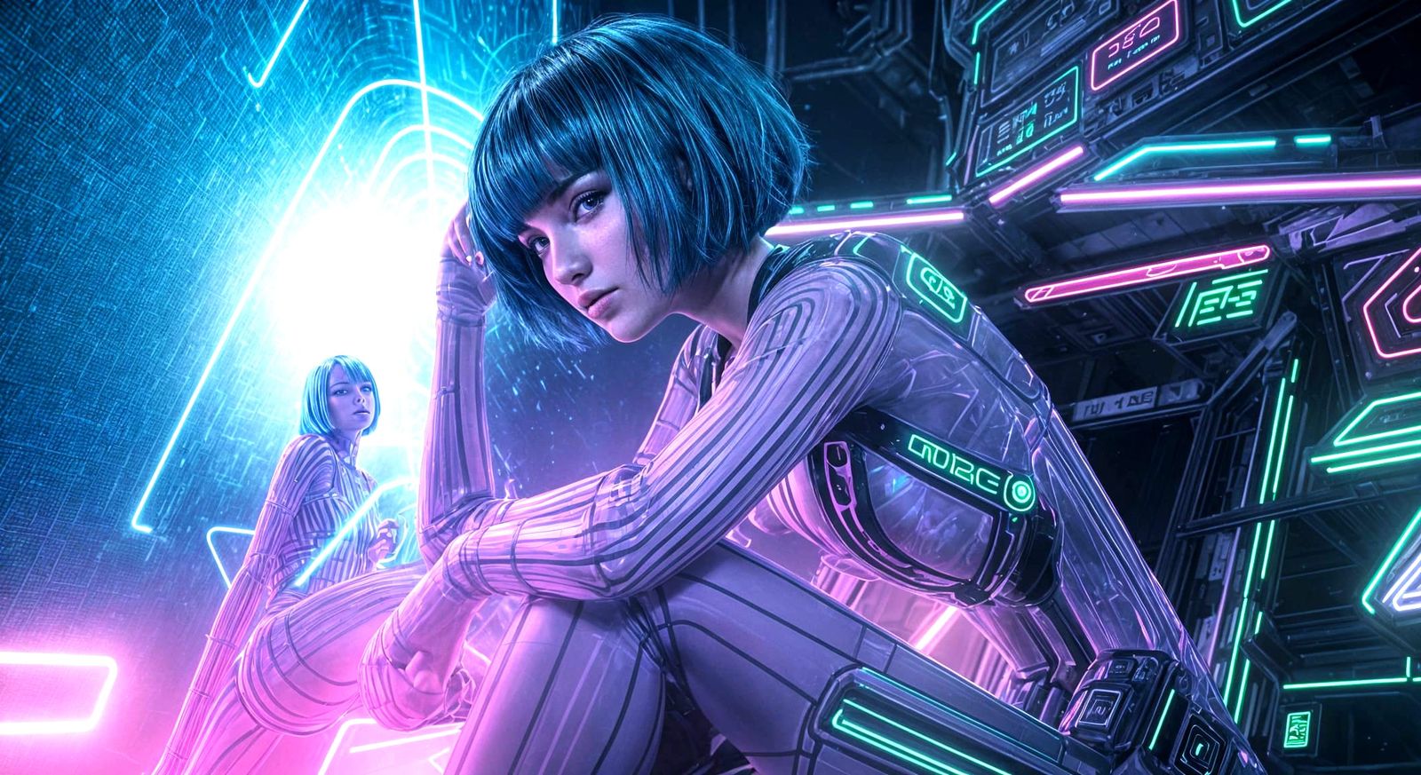 Glowing Neon Goddess in Futuristic Street Scene