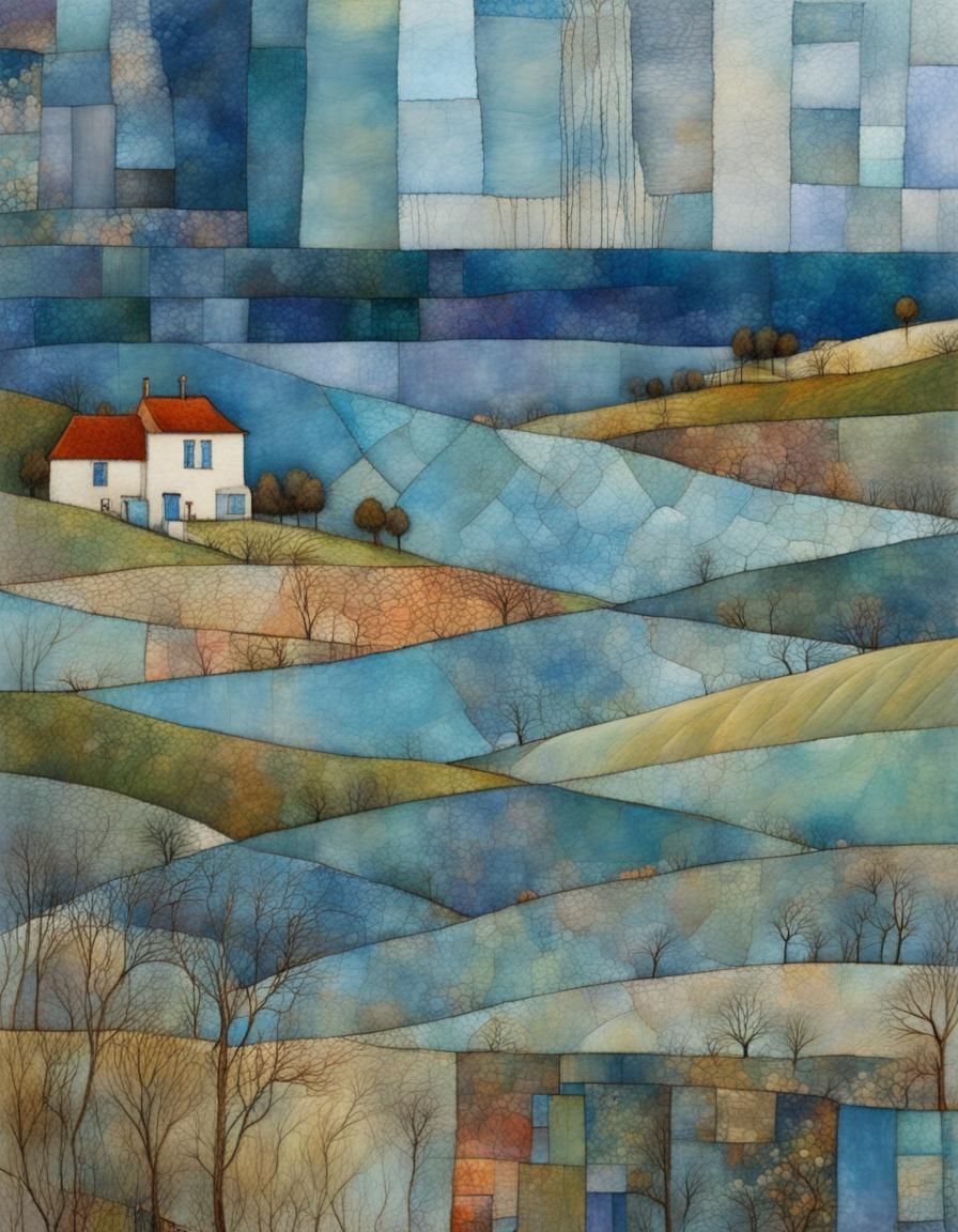 Patchwork Embroidery Coastal Landscape in Holographic Blue