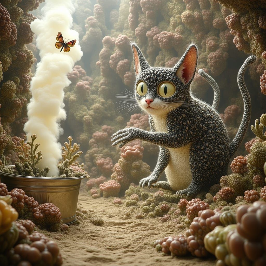 Surreal Tabby Cat Chasing Moths in Catnip