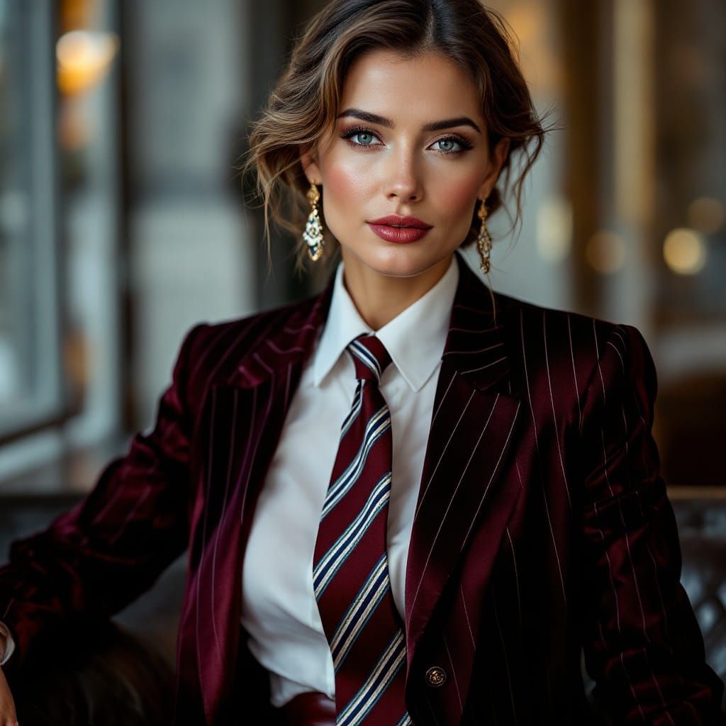 Elegant Businesswoman in Dark Red Satin Suit