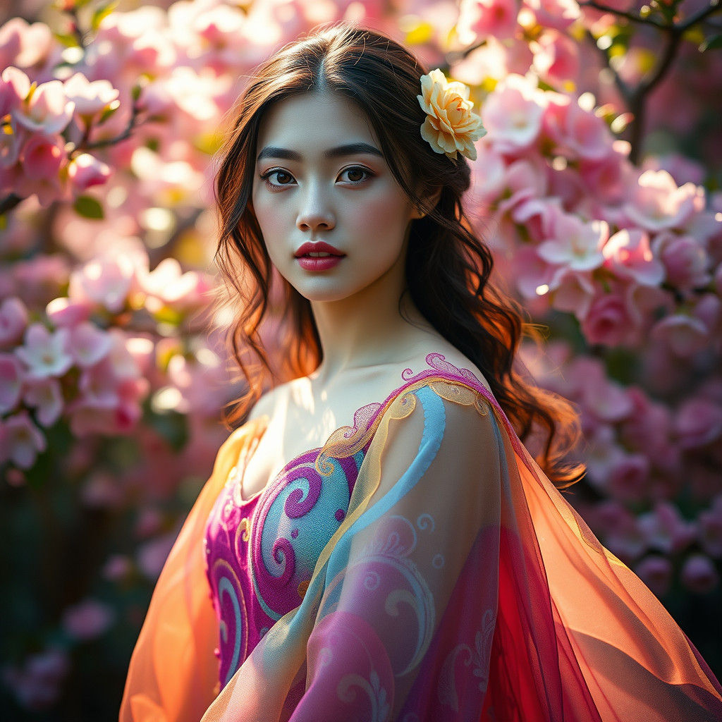 Ethereal Woman in Floral Landscape, Dreamlike Art