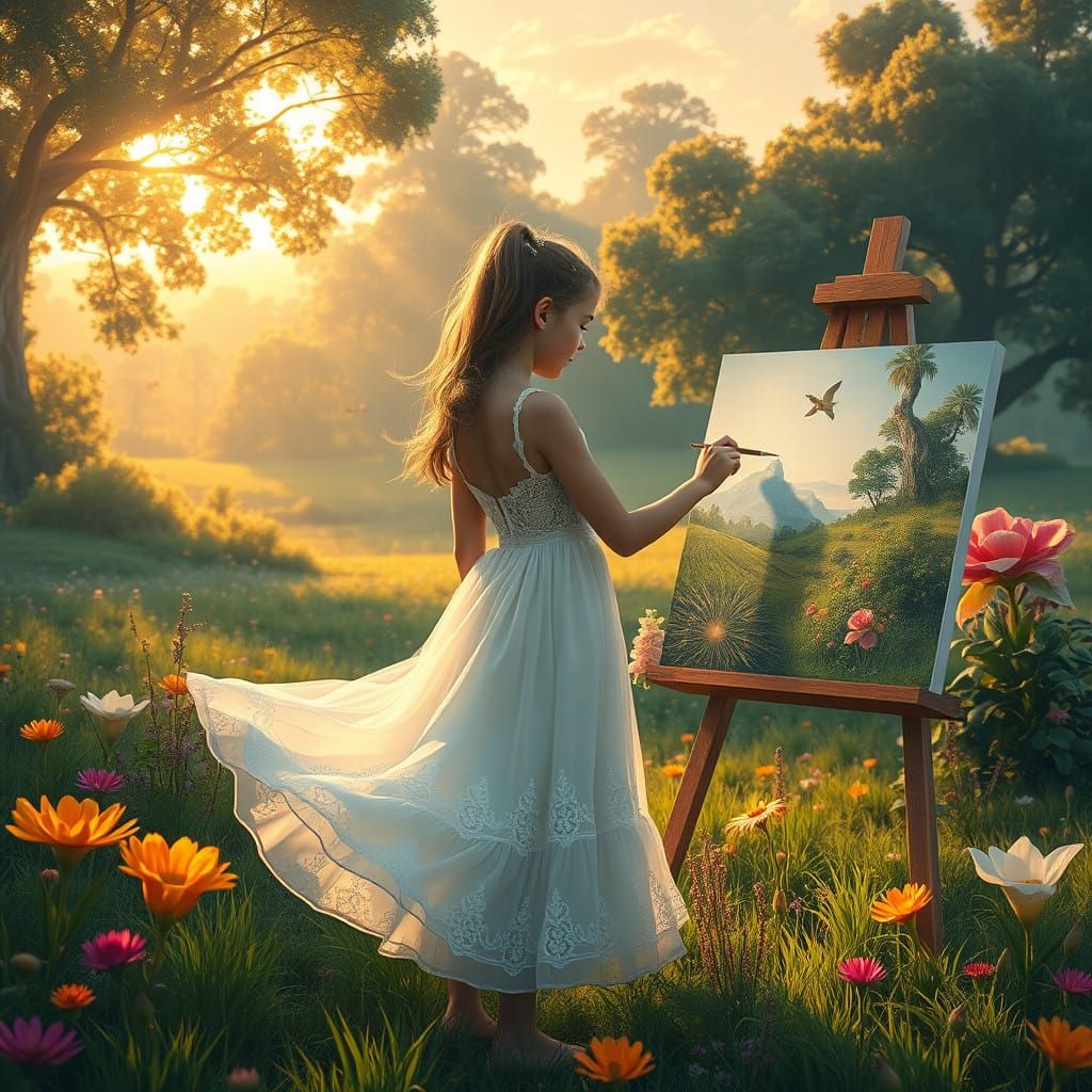 Girl Painting Morning Landscape in Futuristic Watercolor Sty...