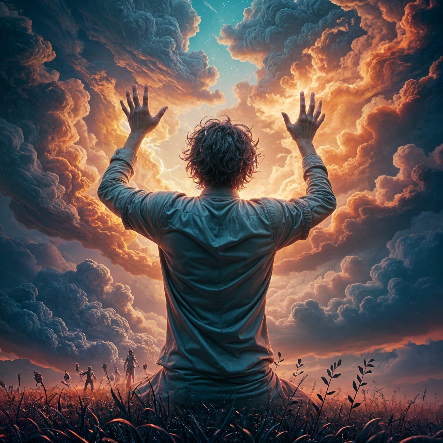 Bioluminescent Wind Swirls Around Man