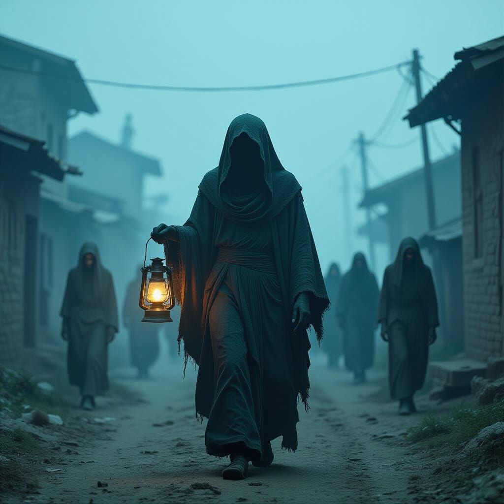 Eerie Procession Led by Glowing Lantern