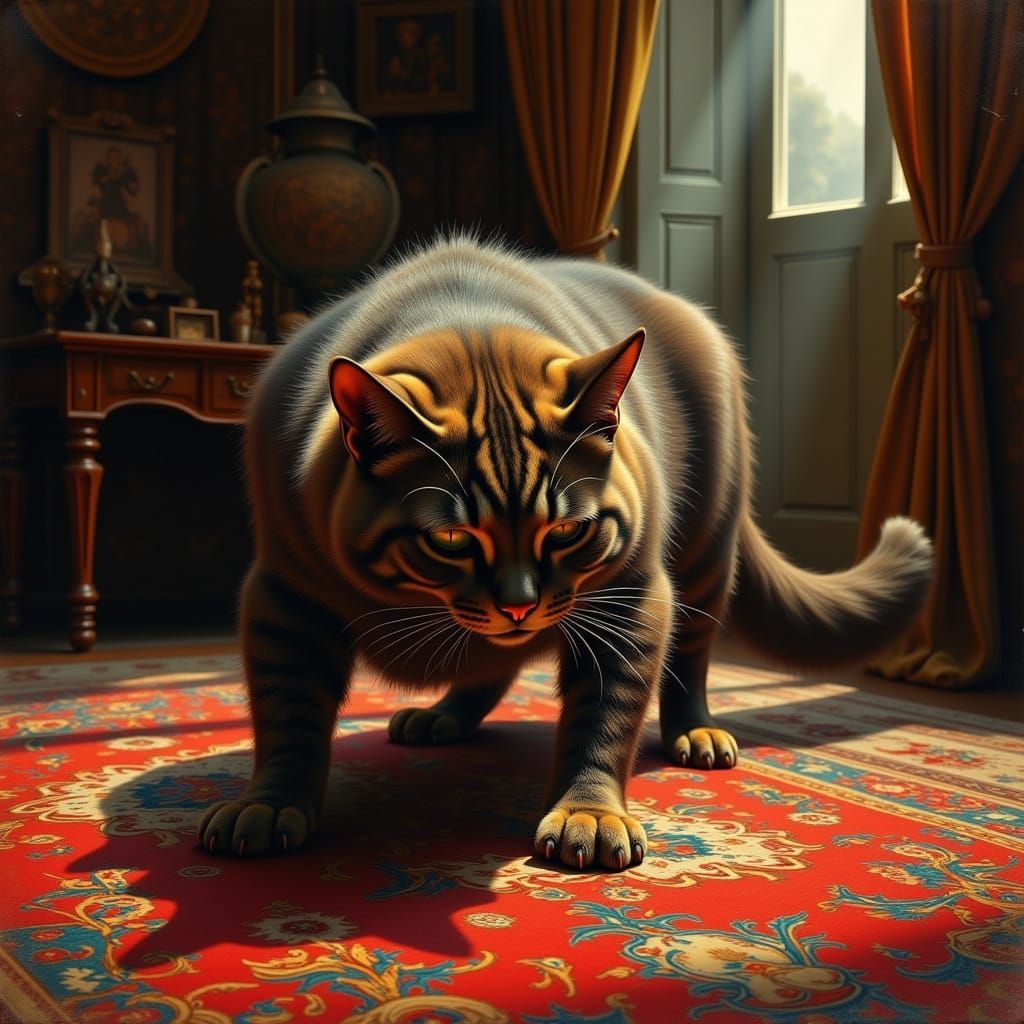 Fierce Domestic Cat Poses Aggressively on Rug
