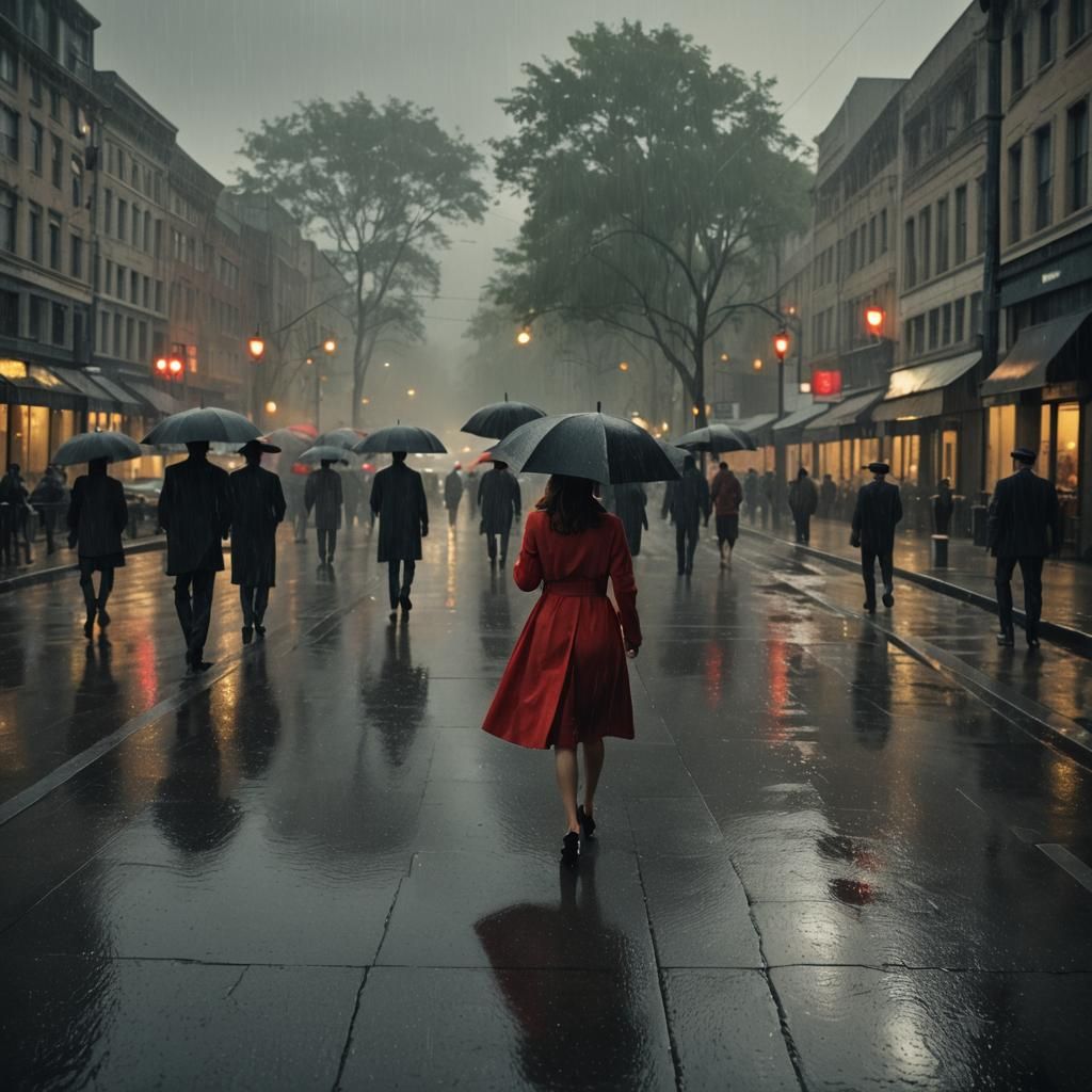 Woman in Red Dress on Rainy Street, Cinematic Style