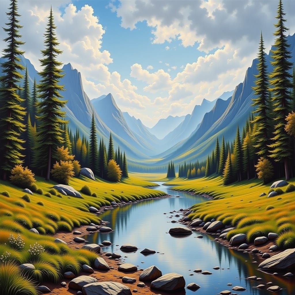 Impasto River Landscape in Vivid Colors