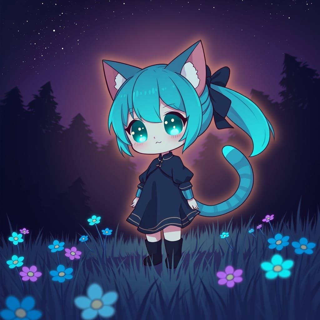 Neon Catgirl Illuminates Dark Forest in Synthwave Style