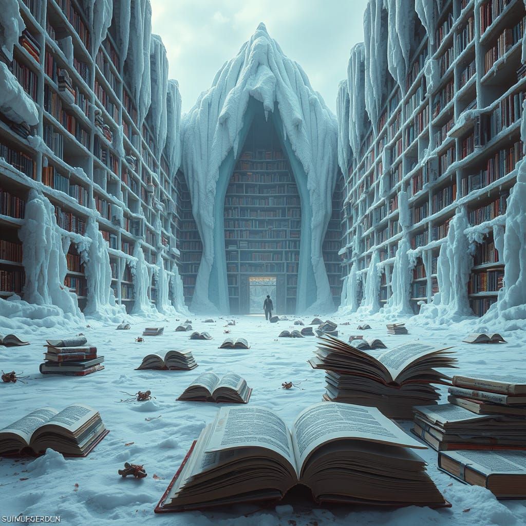 Ethereal Post-Apocalyptic Winter Library in Hyperrealistic D...