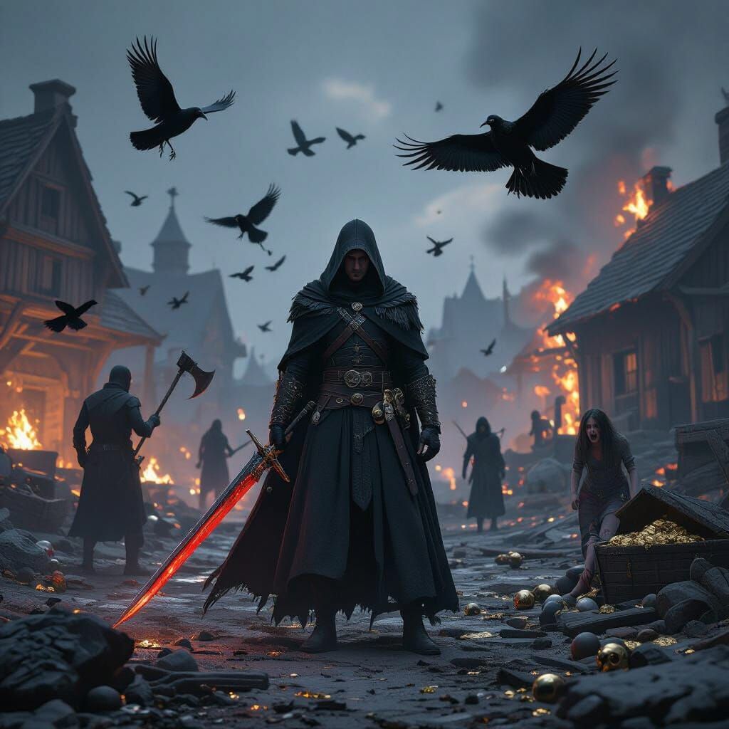 Grim Scene: Cloaked Swordsman in Burning Town