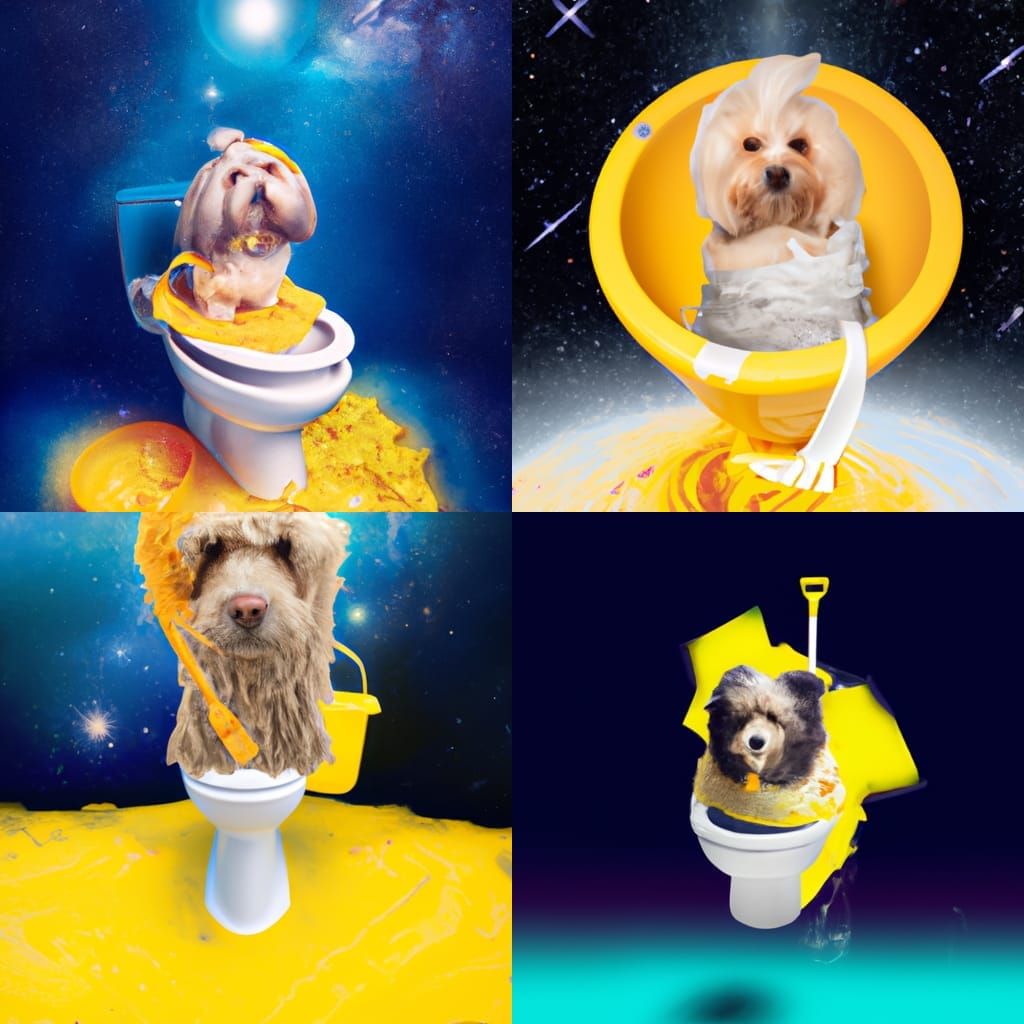Dog Astronaut on Toilet in Space, Hyperrealistic Art
