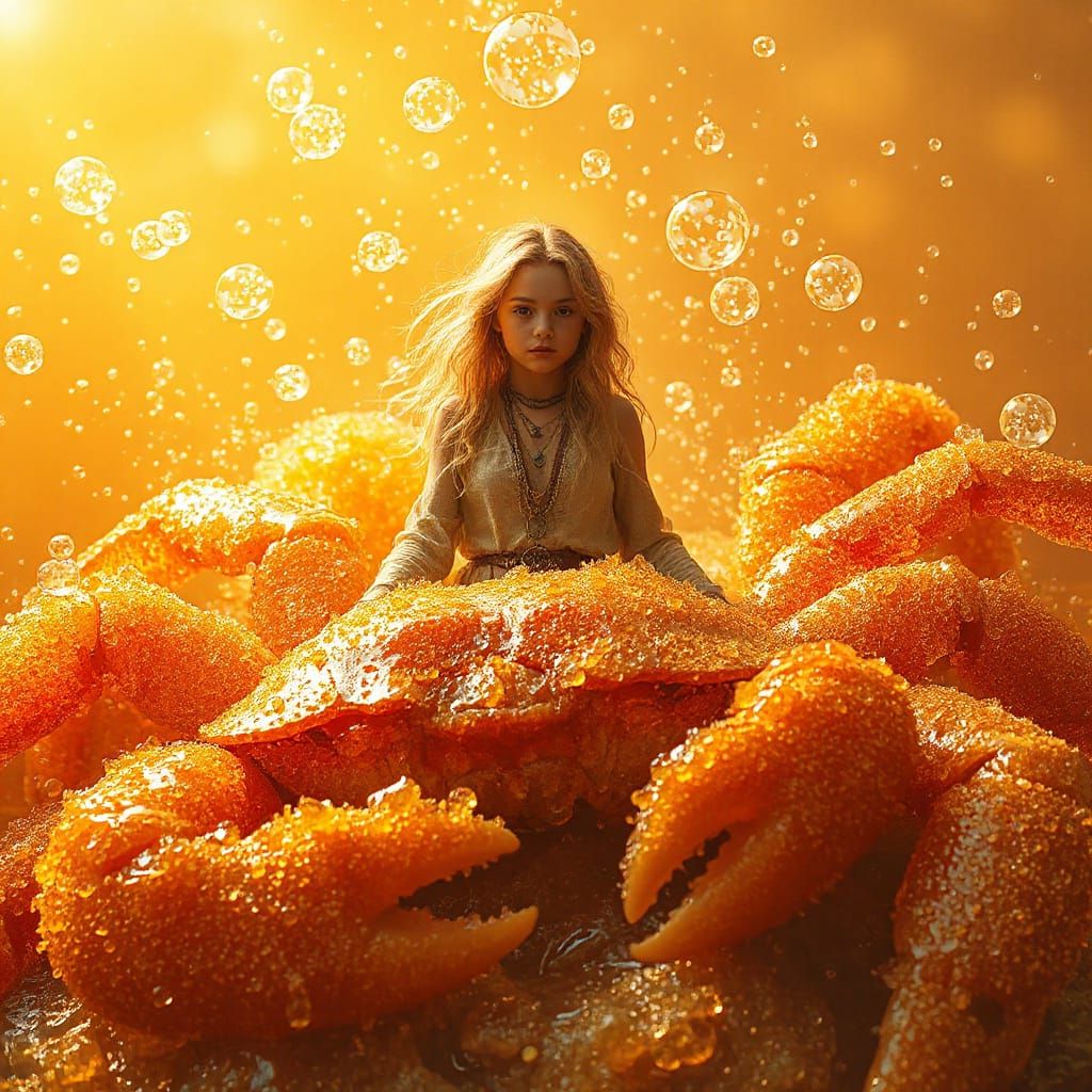 Woman on Gummy Crab in Effervescent Sea