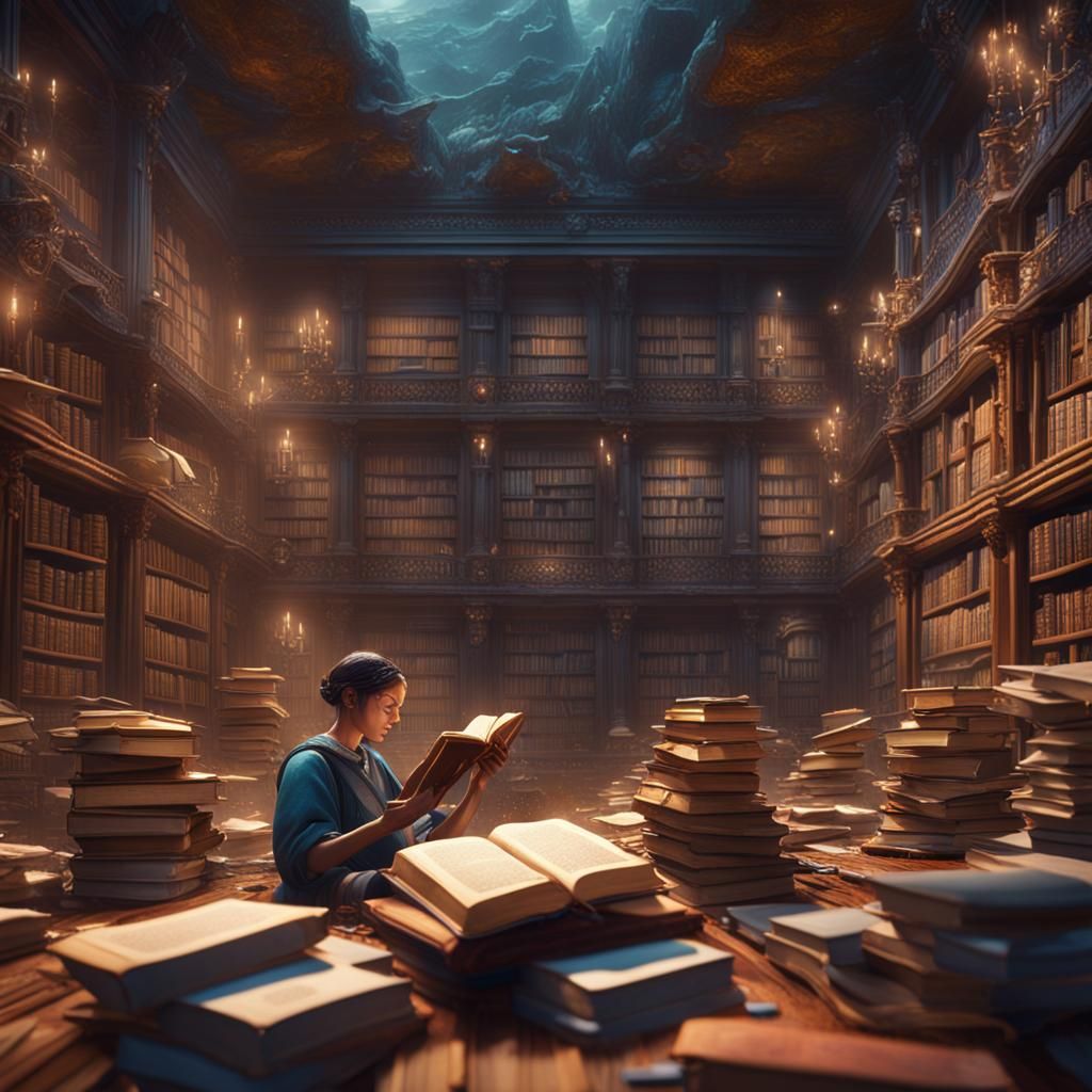 Library Scene: A Reader Swimming in Books