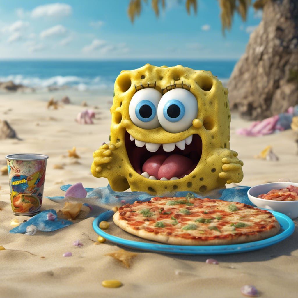 Bioluminescent Sponge Monster Eating Pizza