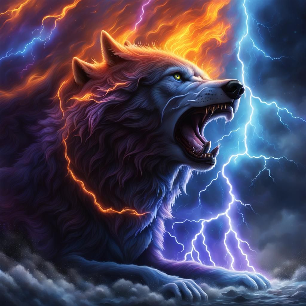 Photorealistic Wolf Emerges from Fiery Storm