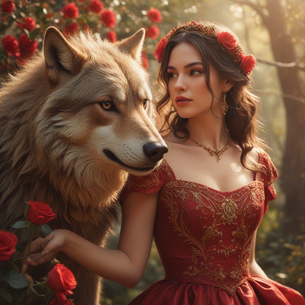 Fairytale Woman with Big Bad Wolf in Dreamy Style