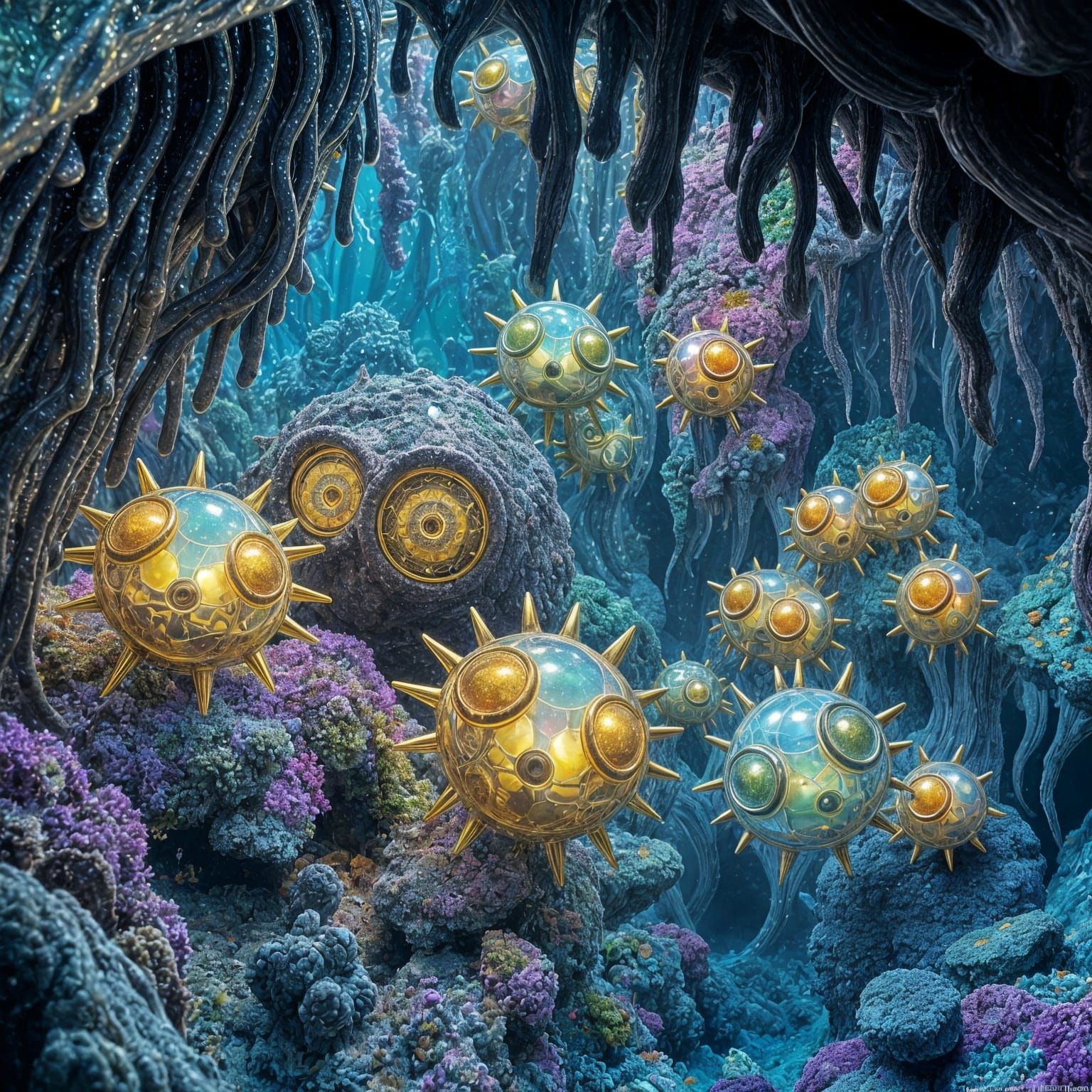 Exotic Alien Sea Life in a Mirrored Undersea Grotto