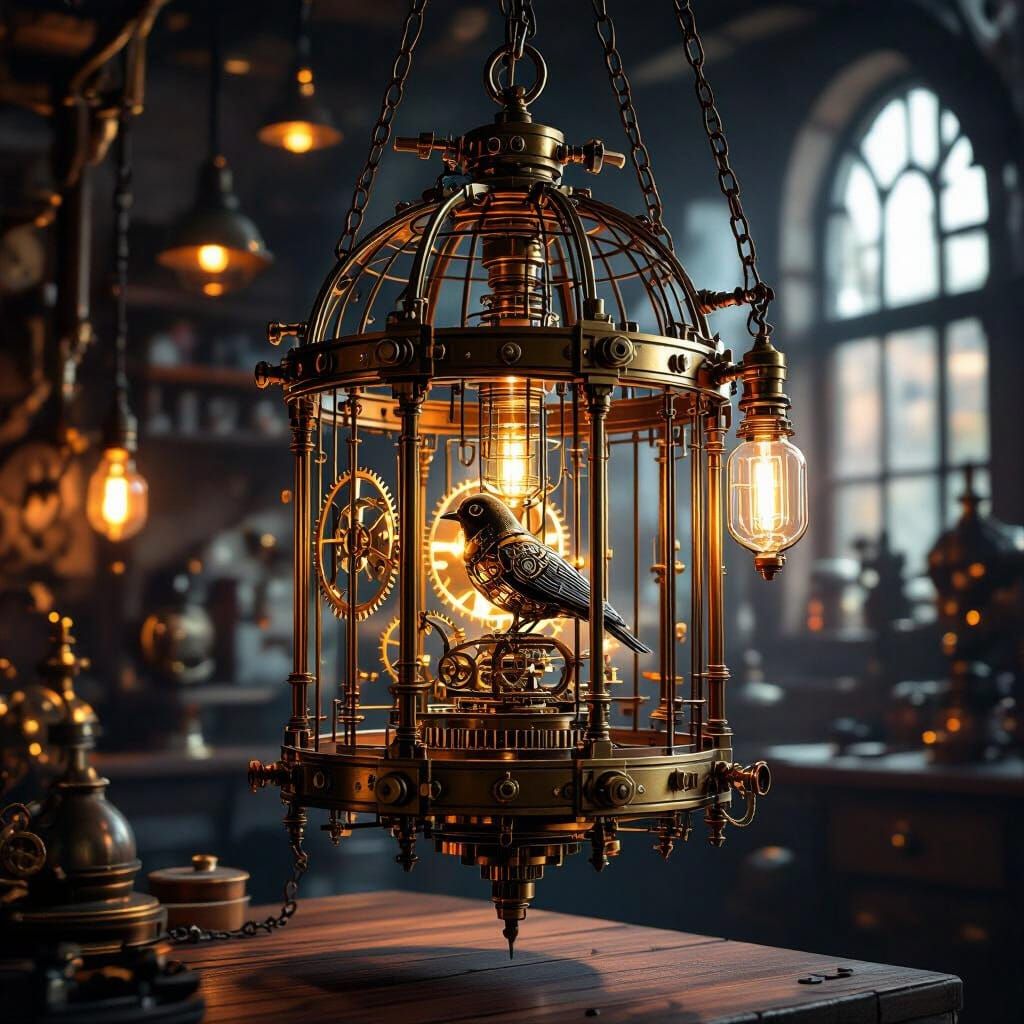 Steampunk Mechanical Birdcage in Moody Workshop