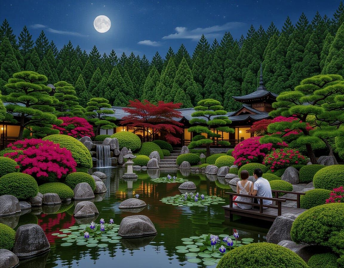 Romantic Moonlit Japanese Zen Garden in Pastel