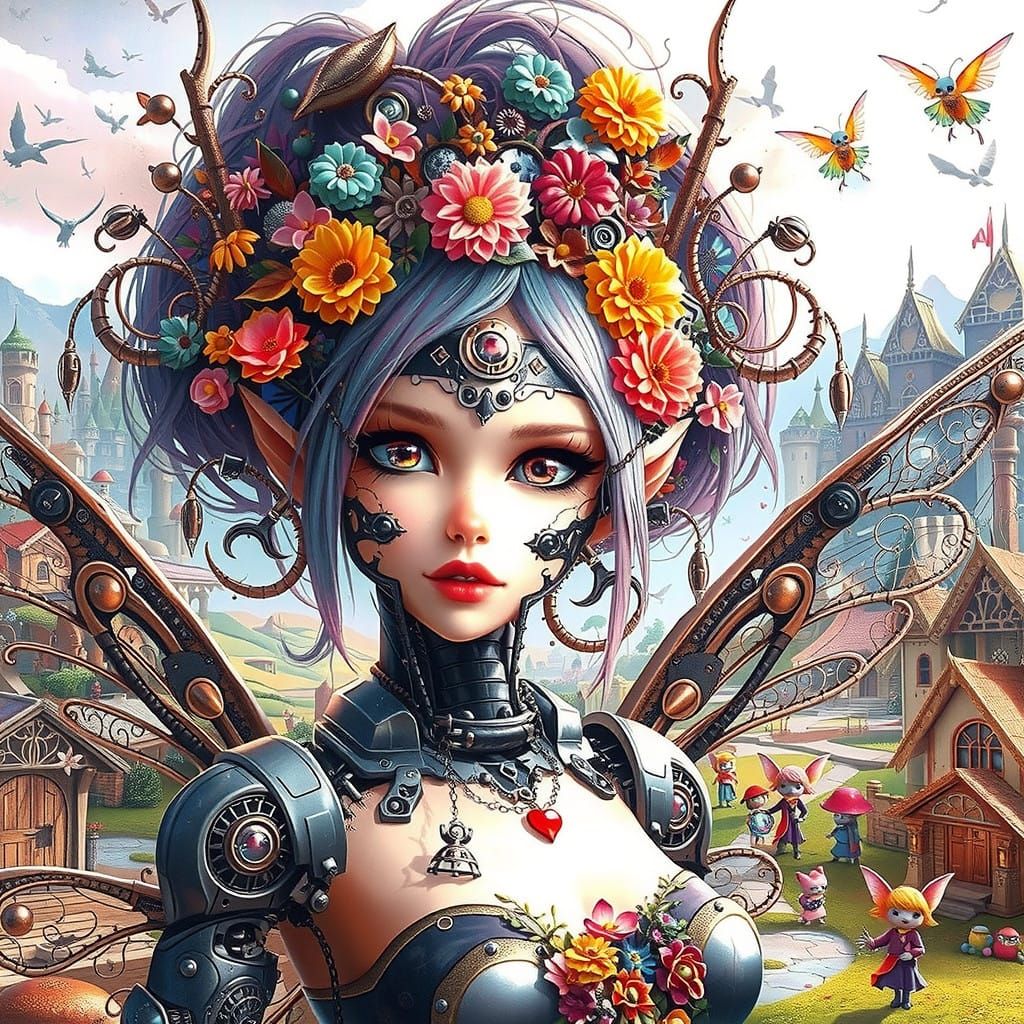 Ethereal Fairy with Mechanical Wings in Futuristic Village
