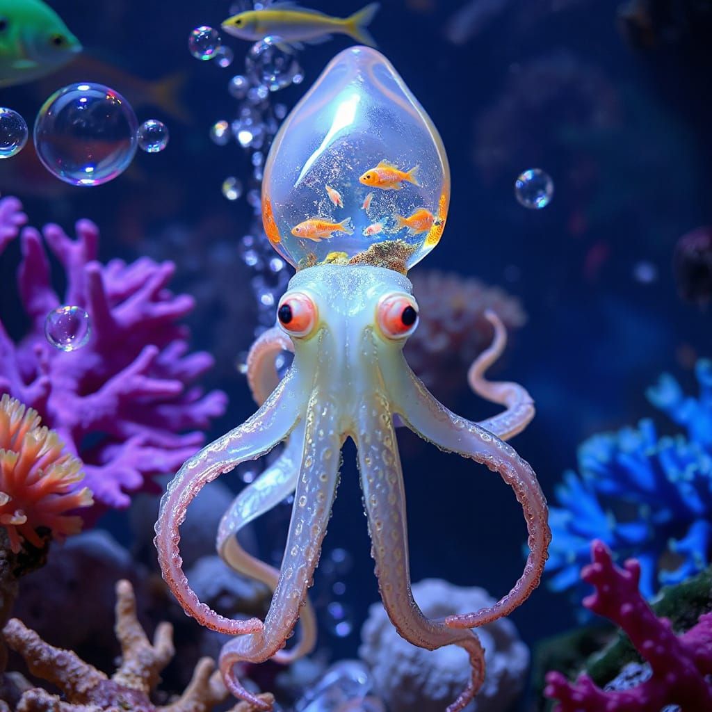 Surreal Squid with Aquarium Head in Dreamlike Gallery Ocean