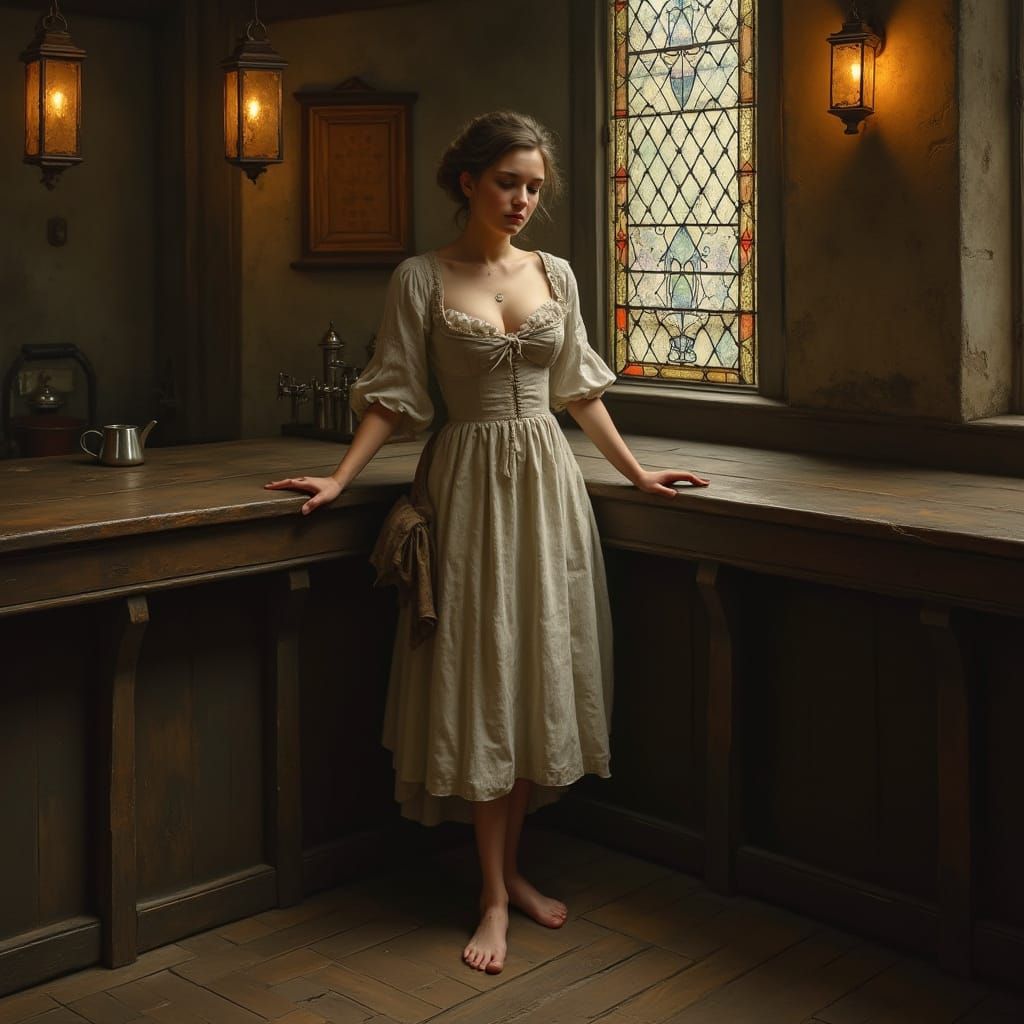 17th Century Bar Maiden in Low-Cut Frock and Stained Glass W...