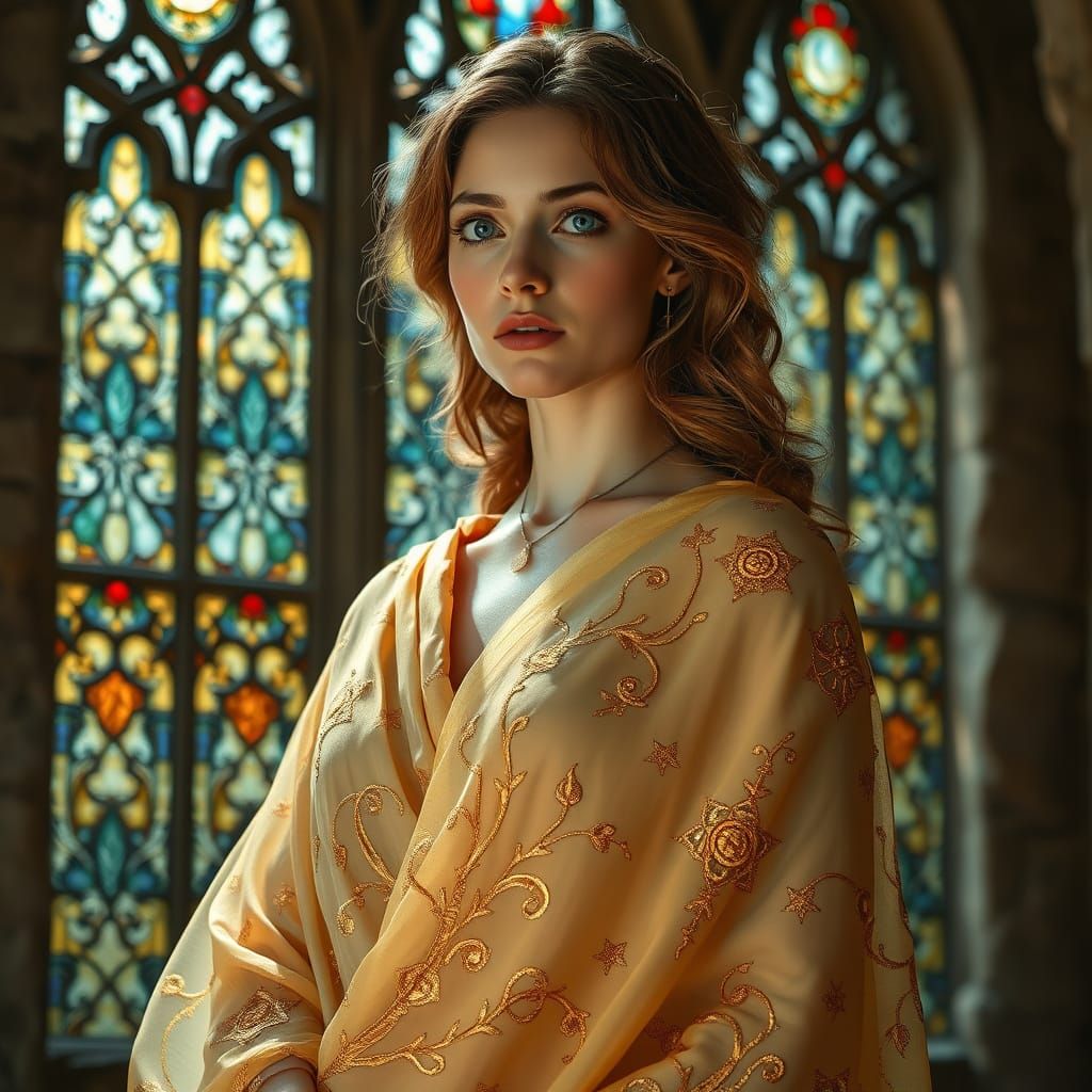 Ethereal Goddess in Ornate Silk with Celestial Motifs