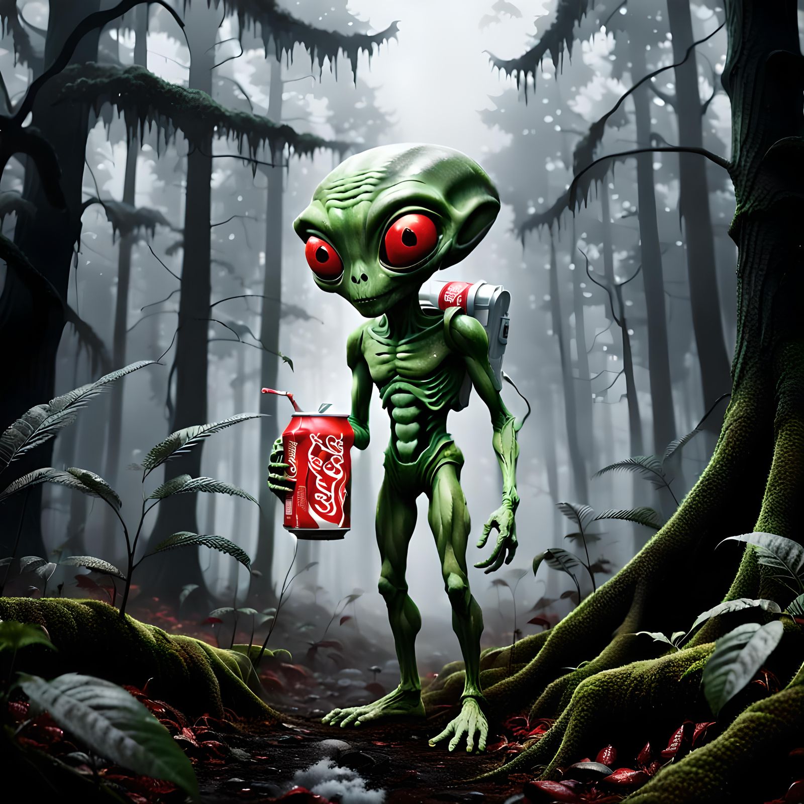 Alien with Coca-Cola in Gloomy Forest