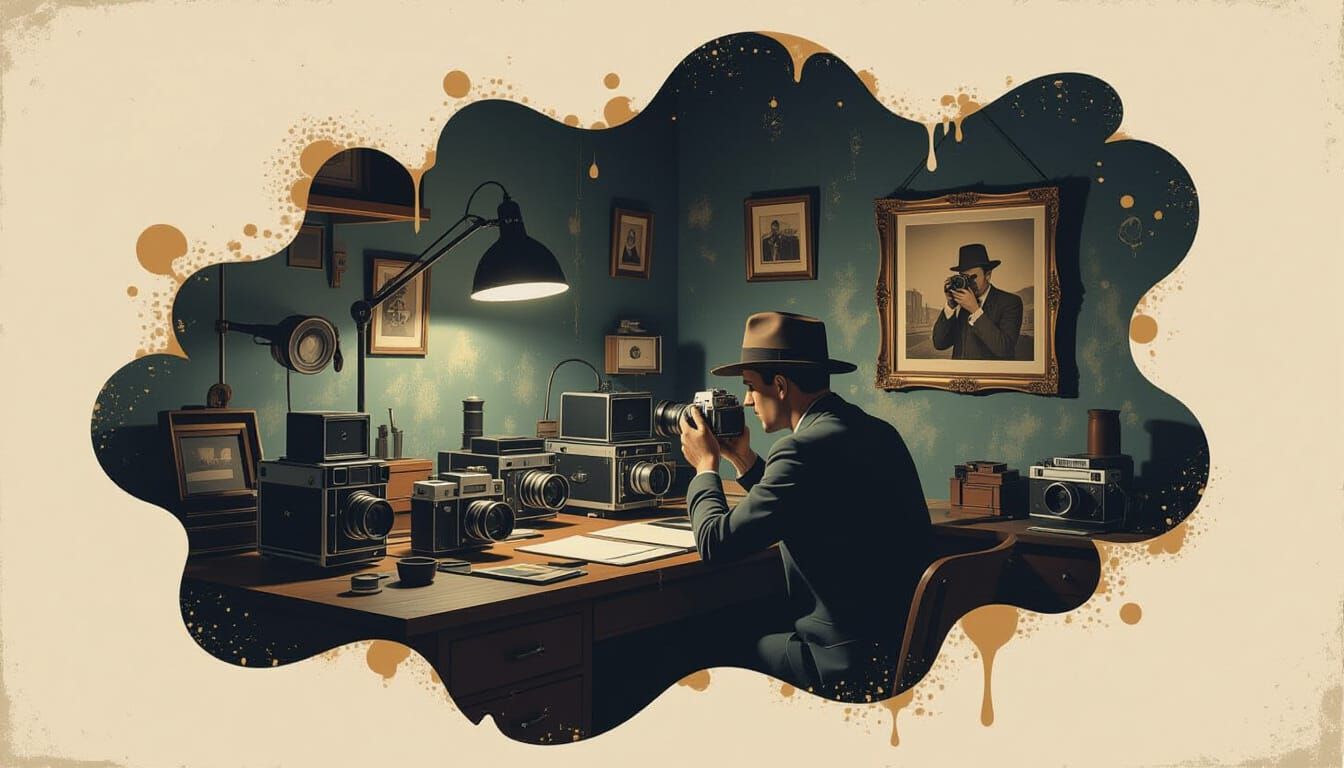Nostalgic Darkroom with Vintage Cameras in Surreal Style