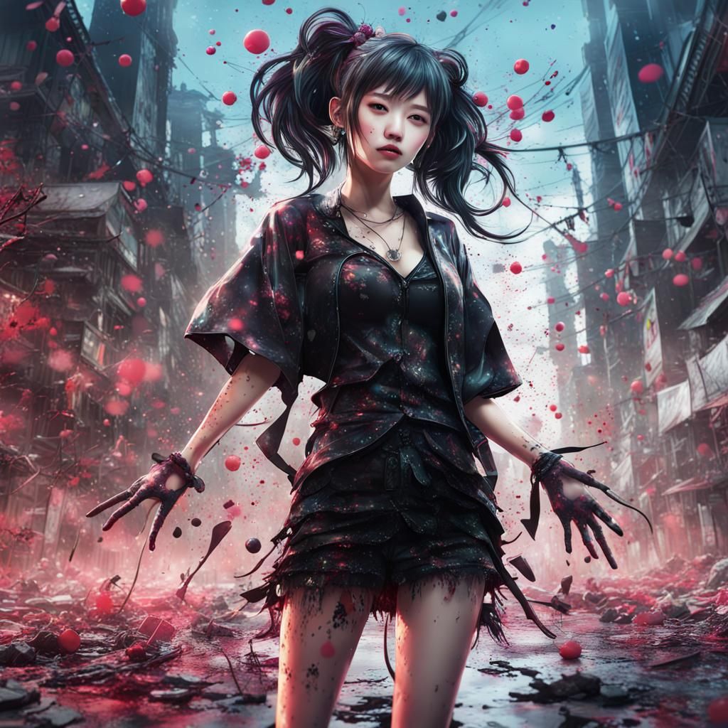 Fantasycore Japanese Girl in Ink Splatter Style