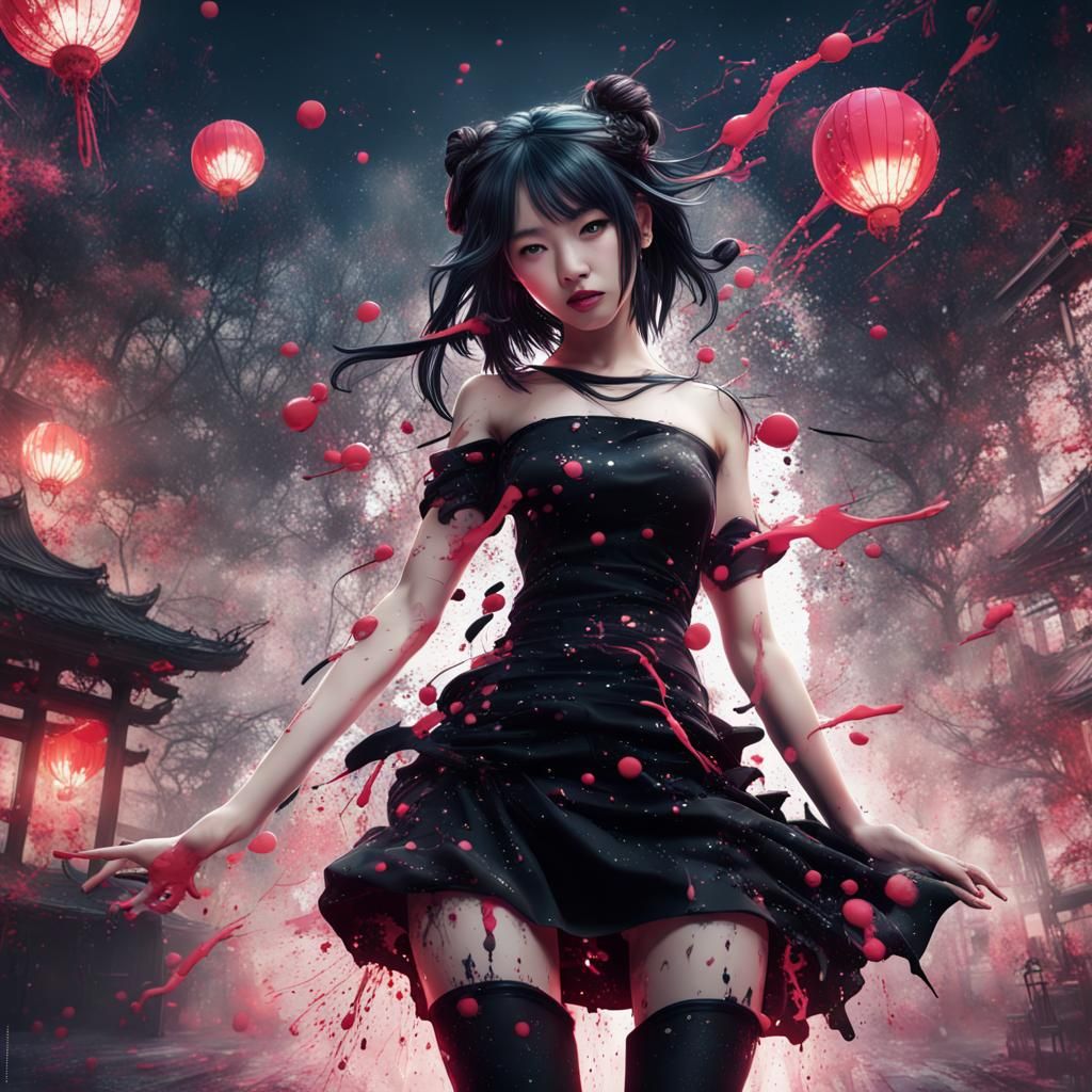 Fantasycore Japanese Girl in Ink Splatter Pollock Style