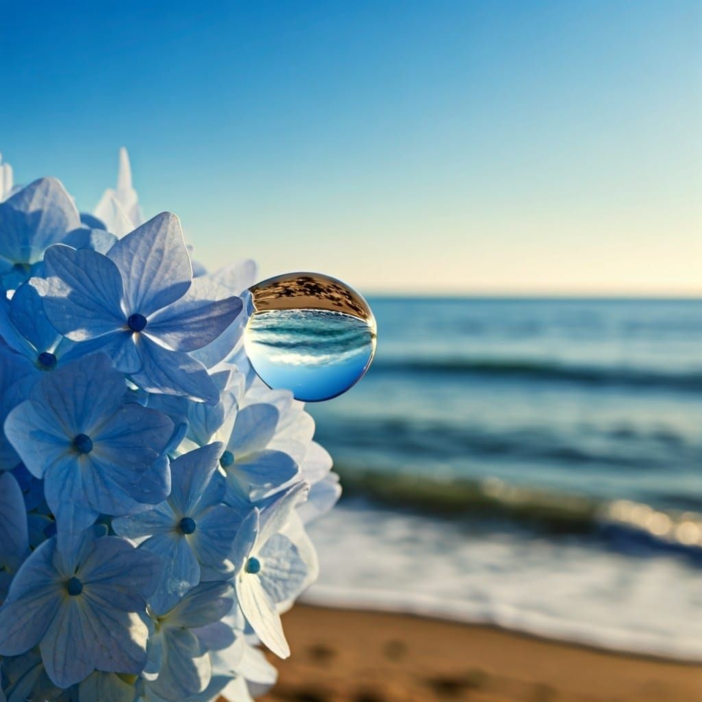 Ethereal Watercolor Scene of Dewdrop and Hydrangeas