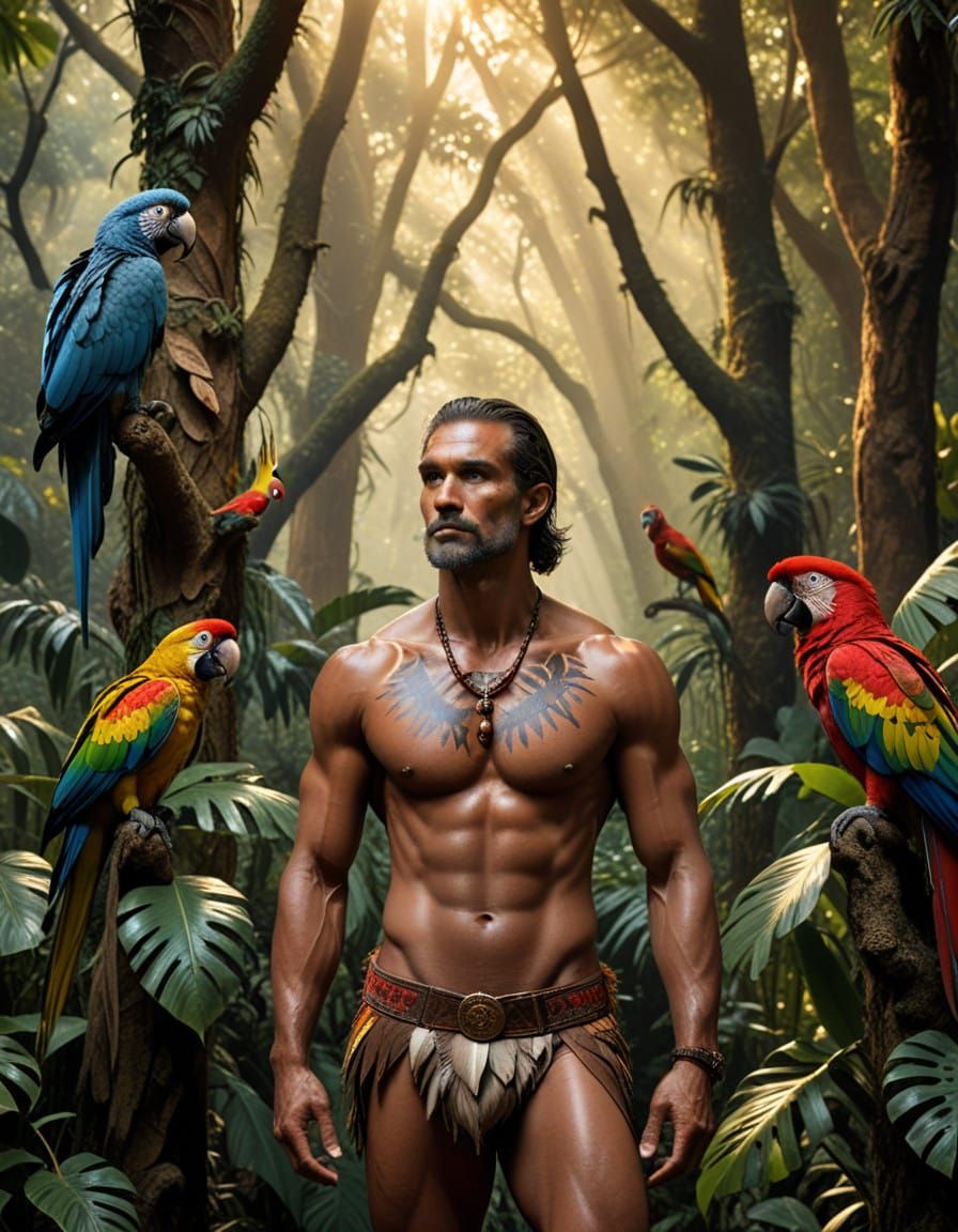 Muscular Tribesmen Connect with Nature in a Vibrant Jungle L...