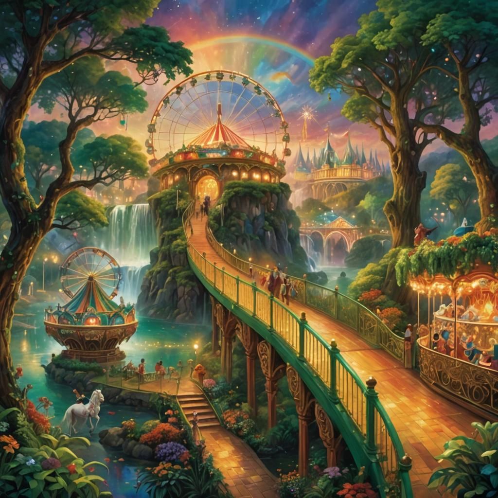 Mystical Carnival Scene with Ferris Wheel and Rainbow