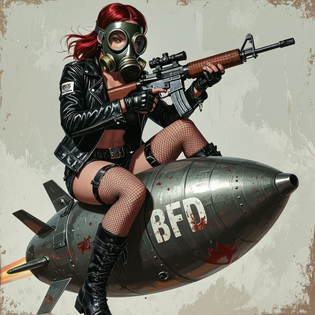 Pinup Girl Rides Bomb in Dystopian Cyberpunk Style
