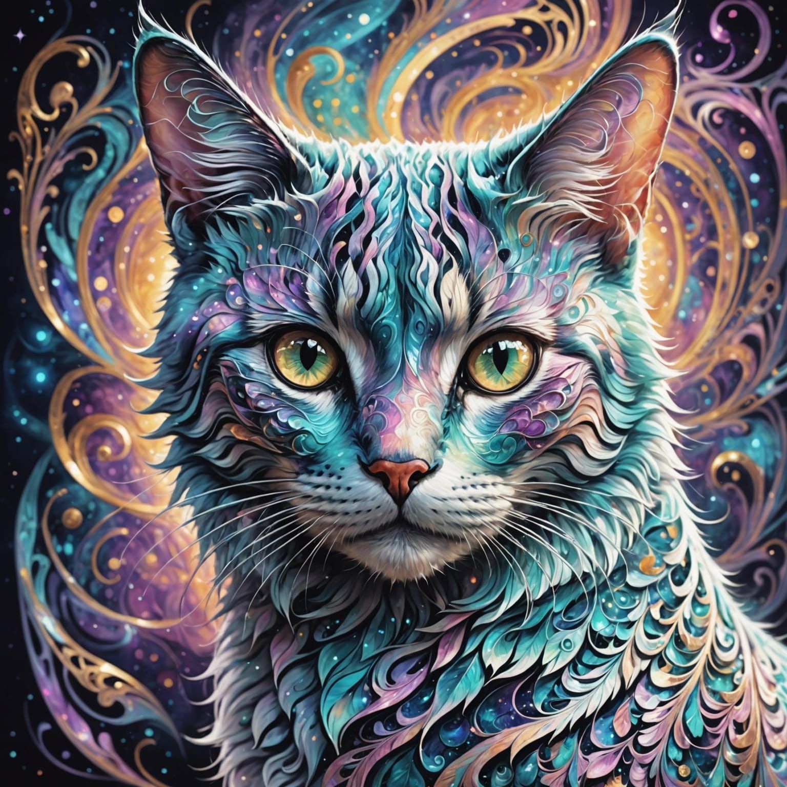 Filigree Fractal Cat in Pastel Ink
