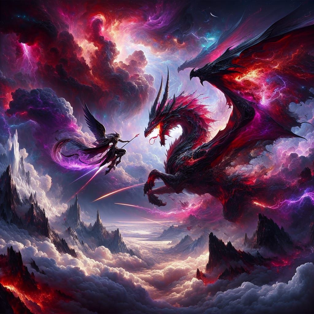 Dragon Battles Valkyrie in Celestial Aerial Combat