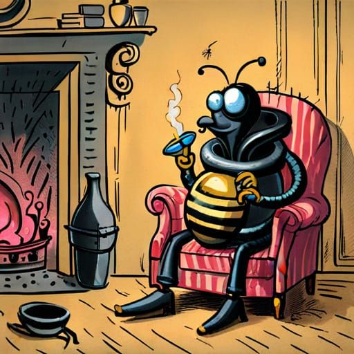 Bee Smoking Pipe in Armchair, Digital Drawing