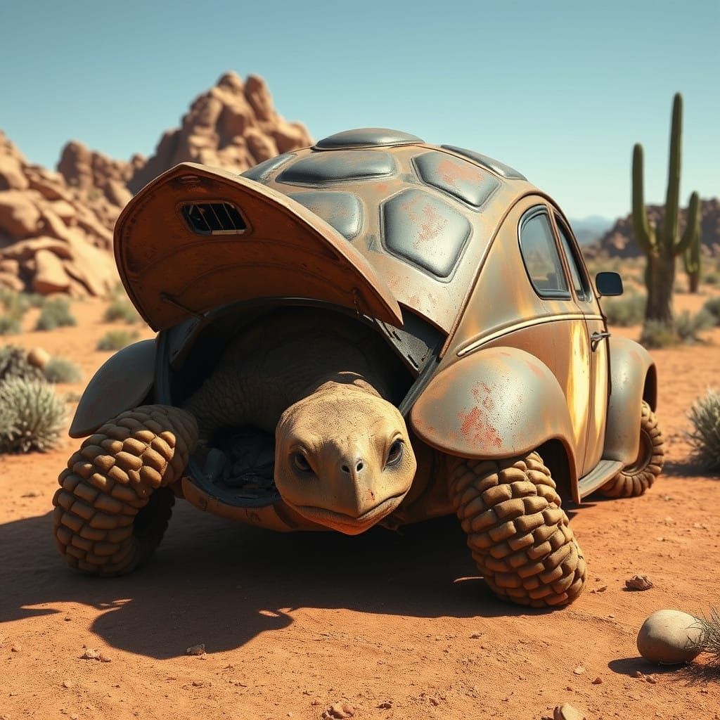 Rusty VW Beetle Merges with Giant Galapagos Tortoise in Dese...