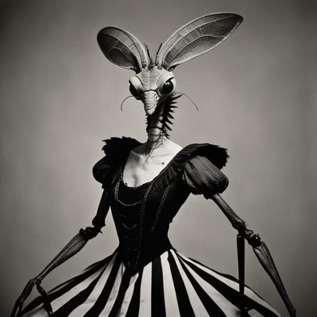 Anthropomorphic Mantis in Circus Sideshow, Arbus-Style Photo