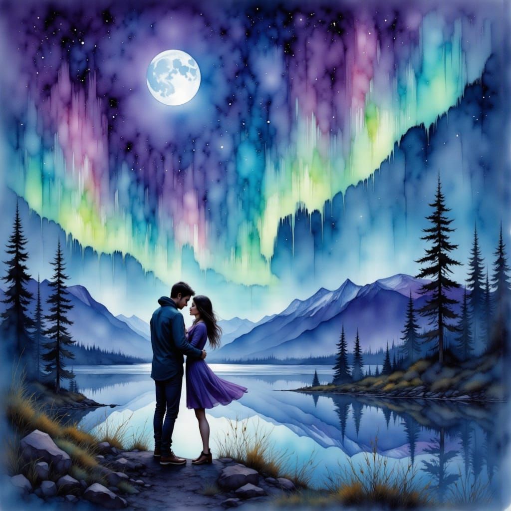 Watercolor Northern Lights Embrace in the Wilderness