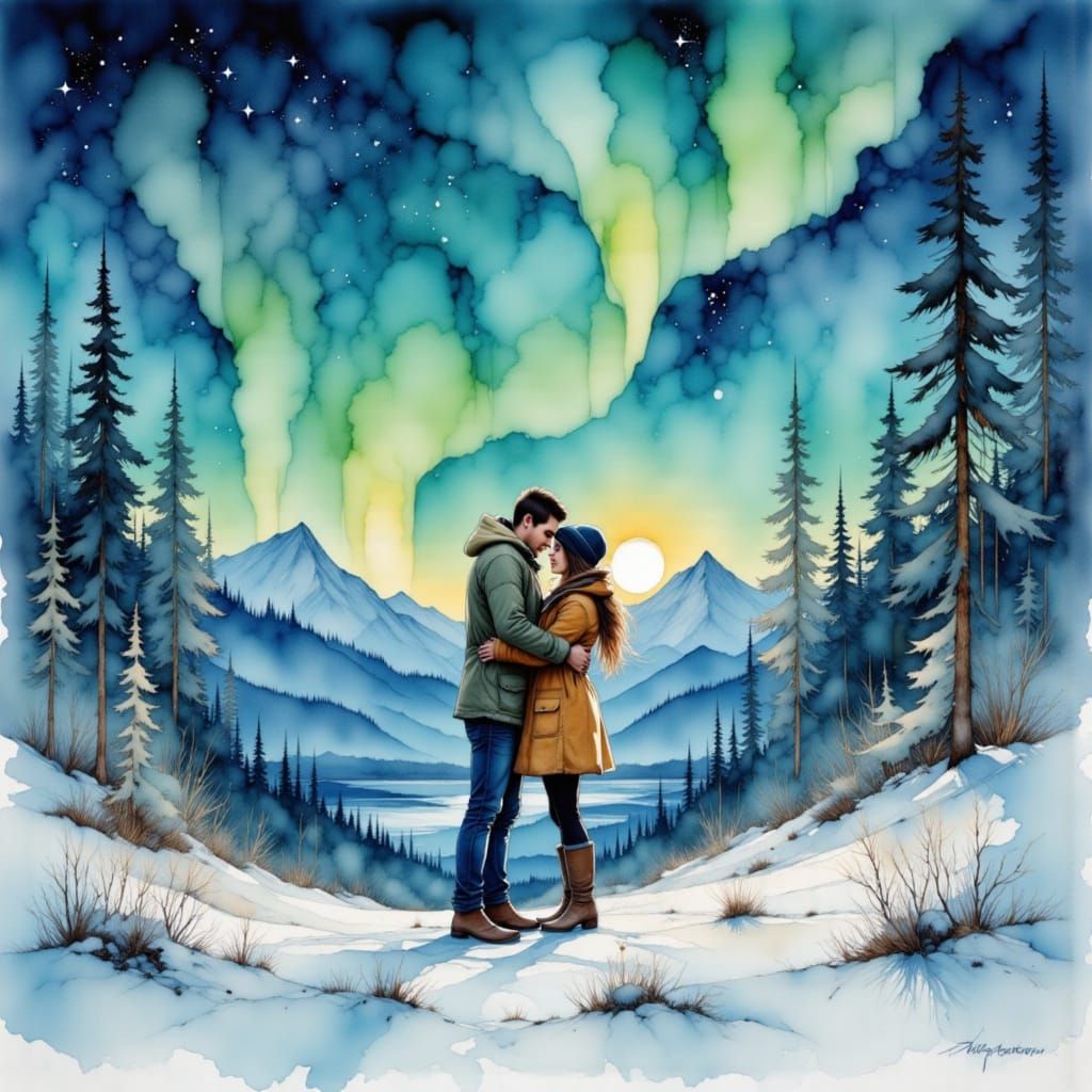 Passionate Embrace Under the Northern Lights