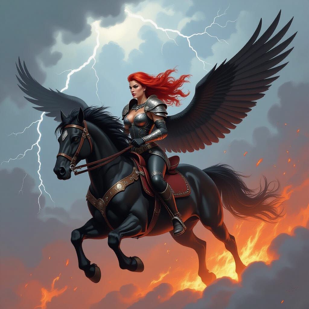 Valkyrie on Pegasus Soaring Through Stormy Skies