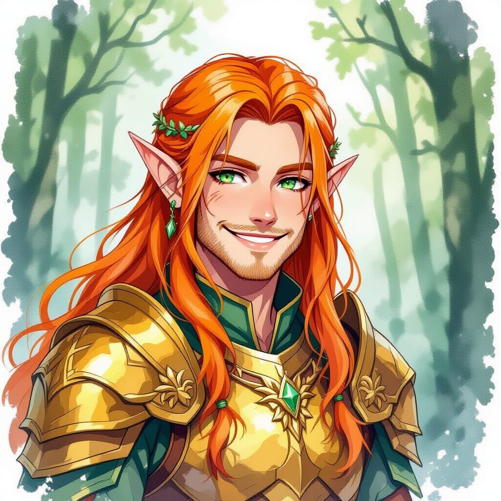 Smiling Orange-Haired Elf in Forest, Watercolor Style