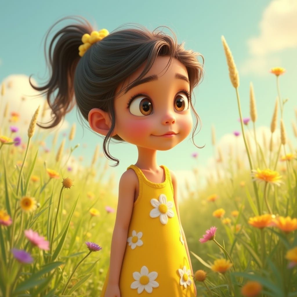 Whimsical 3D Girl in Sunlit Meadow