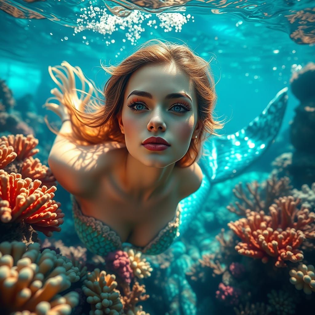 Turquoise Mermaid in Coral Reef, Fantasy Art Style