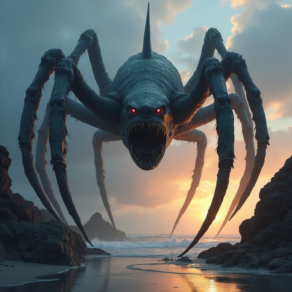 Shark-Spider Hybrid Creature on Rocky Beach