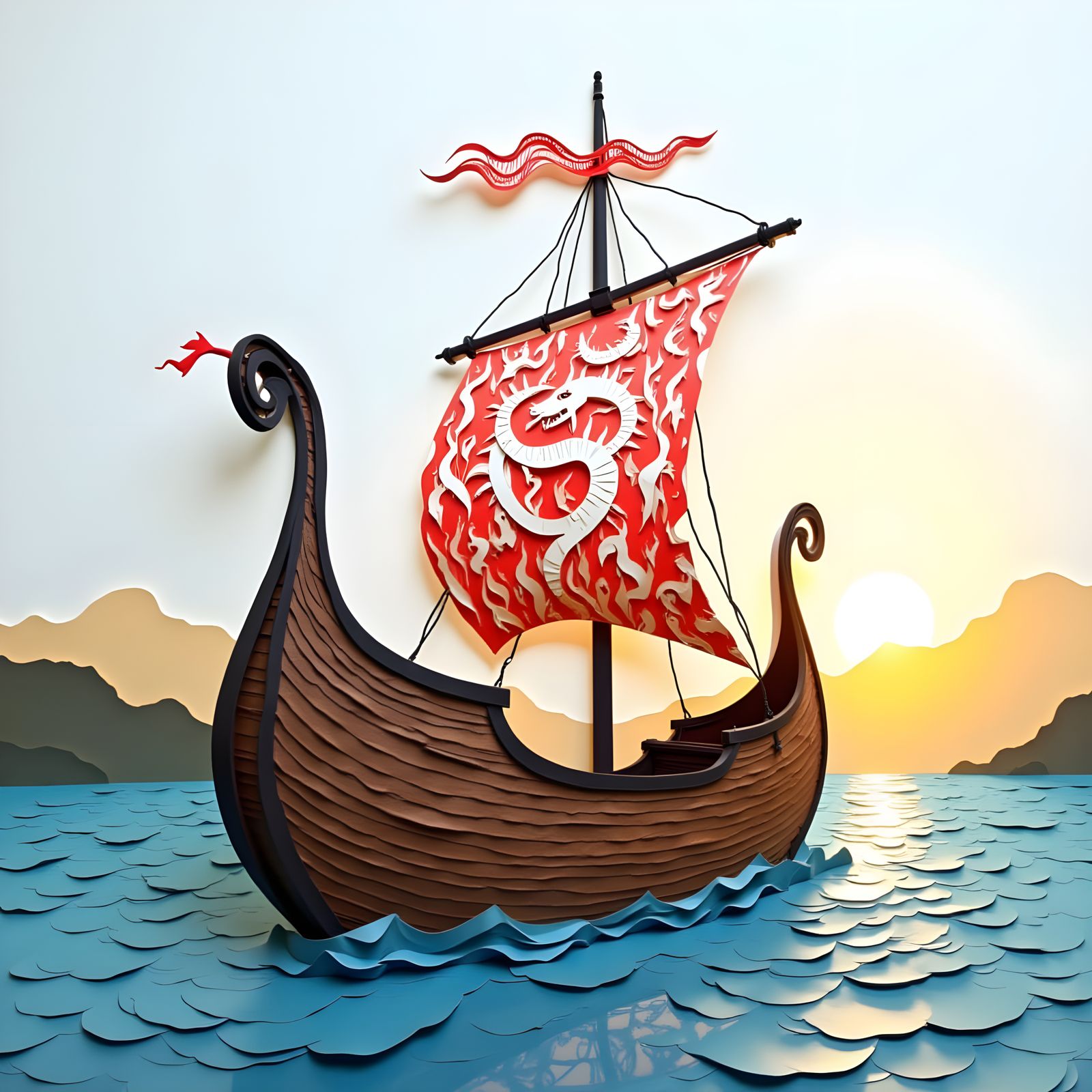 Viking Longship in Papercut Style