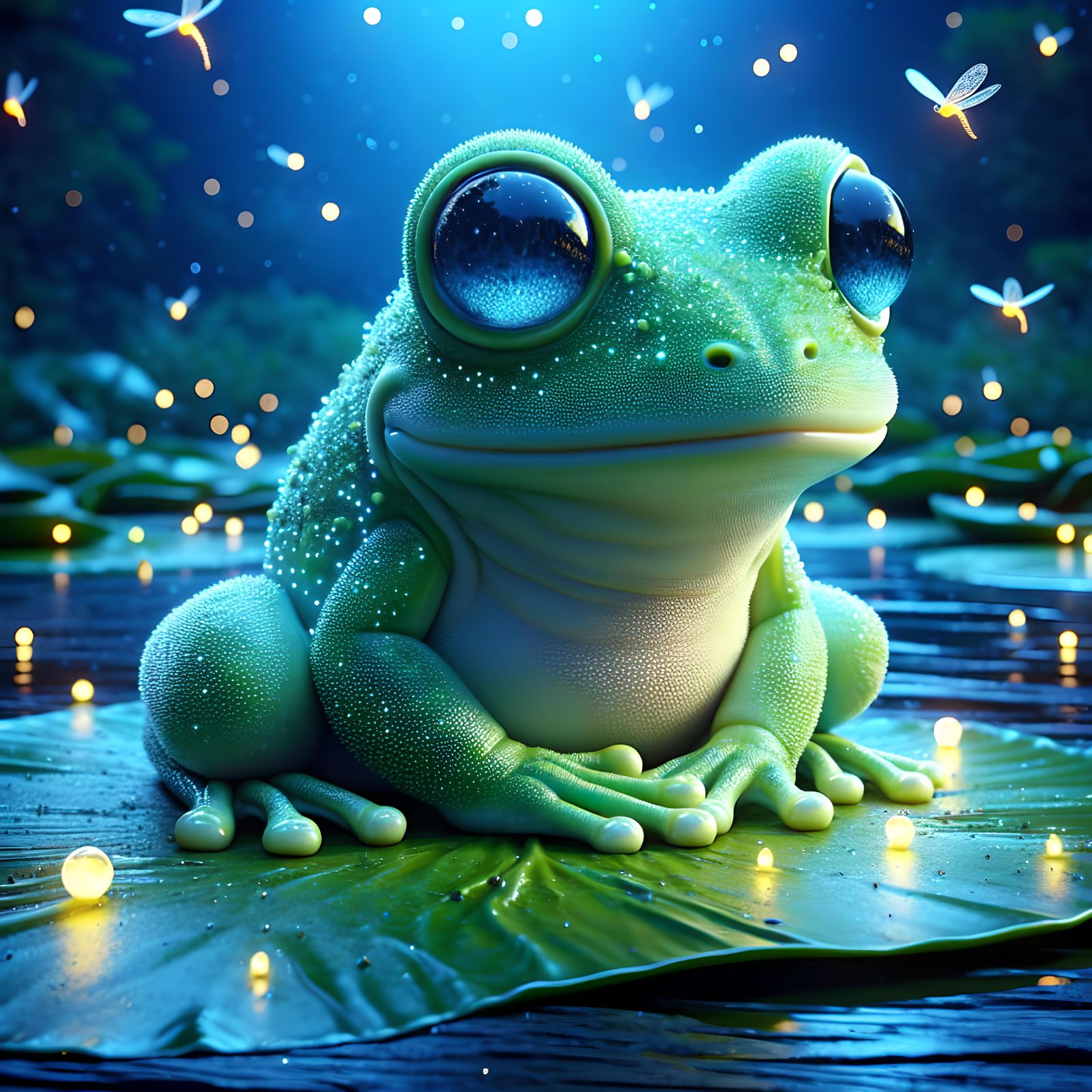 Hyper-Realistic Frog Portrait with Fireflies